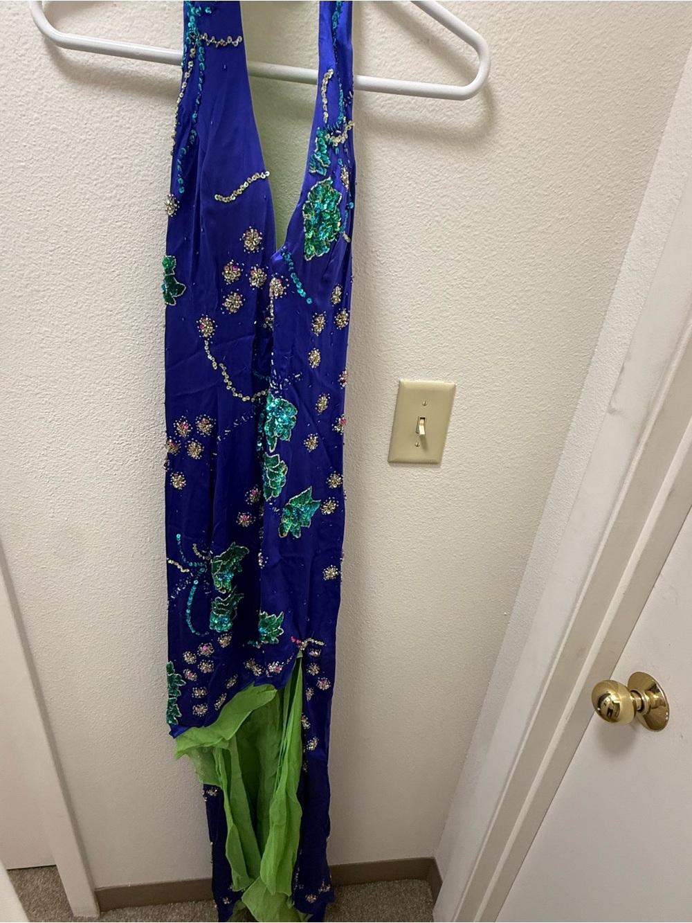Embellished Royal Blue Halter Dress with Green Accents